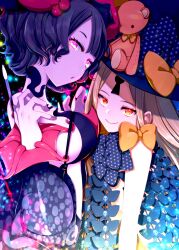 Rule 34 | 2boys, abigail williams (fate), abigail williams (second ascension) (fate), bare shoulders, black bow, black dress, black hat, blonde hair, bow, breasts, closed mouth, commentary request, dress, fate/grand order, fate (series), hat, hat bow, highres, katsushika hokusai (fate), katsushika hokusai (third ascension) (fate), keyhole, large breasts, long hair, looking at viewer, multiple boys, multiple hat bows, open mouth, ponita, purple eyes, purple hair, red eyes, short hair, sideboob, smile, stuffed animal, stuffed toy, swept bangs, teddy bear, white hat, witch, yellow bow
