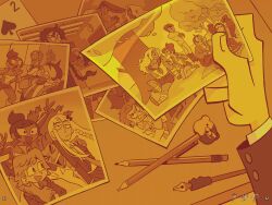 &gt;_&lt; 6+boys 6+girls ahoge analog_clock arm_hair arm_wrestling asahina_aoi bandaged_leg bandages book boots bow braid card celestia_ludenberg clenched_hand clenched_teeth clock closed_eyes closed_mouth collared_shirt cup danganronpa:_trigger_happy_havoc danganronpa_(series) danganronpa_2:_goodbye_despair danganronpa_v3:_killing_harmony donut drill_hair drinking ear_piercing earrings eating eyelashes facial_hair fang food food_on_face from_side fukawa_toko glasses hagakure_yasuhiro hair_bow hair_ornament hairclip highres holding holding_book holding_cup holding_donut holding_food holding_photo holding_tray indoors ishimaru_kiyotaka jacket jewelry jitome kirigiri_kyoko kneeling kuwata_leon leaf long_sleeves looking_back maid_headdress maizono_sayaka mimiadraws mioda_ibuki monochrome monokuma multiple_boys multiple_girls muscular muscular_female muscular_male naegi_makoto necktie nib_pen_(object) non-web_source ogami_sakura opaque_glasses open_book open_clothes open_jacket open_mouth orange_theme owada_mondo page_number pants pen pencil photo_(object) piercing plant playing_card pompadour ponytail rabbit_hair_ornament round_eyewear sailor_collar scar scar_on_arm scar_on_face school_uniform serafuku shirt shoes short_hair single_braid sitting skirt sleeveless smile soda_kazuichi standing teacup teapot teeth togami_byakuya torn_clothes torn_sleeves tray tree twin_drills two_of_spades upper_teeth_only v v-shaped_eyebrows w wall_clock yamada_hifumi yonaga_angie