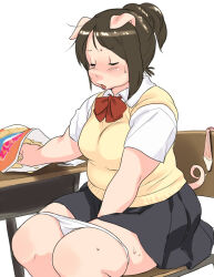 1girl black_skirt breasts brown_hair chair chips_(food) closed_eyes commentary_request cowboy_shot desk female_masturbation food furry furry_female kikurage_(crayon_arts) masturbation medium_breasts original panties pig_girl plump ponytail potato_chips school_uniform shirt short_hair short_sleeves simple_background sitting skirt solo sweater tail underwear white_background white_panties white_shirt yellow_sweater