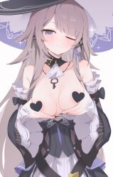 1girl breasts censored grabbing_own_breast hat heart heart_censor herta_(honkai:_star_rail) highres hone_kawa honkai:_star_rail honkai_(series) large_breasts long_hair looking_at_viewer one_eye_closed purple_eyes solo the_herta_(honkai:_star_rail)