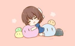 Rule 34 | 1girl, blue dress, brown hair, clannad, dango daikazoku, dress, hair ribbon, highres, okazaki ushio, pink background, ribbon, sailor dress, school uniform, serafuku, simple background, sleeping, smile, solo, ura (ura-tennislove)