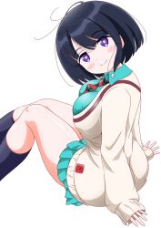 1girl amate_yuzuriha amate_yuzuriha_(cosplay) black_hair blue_eyes blue_shirt blue_skirt breasts bright_pupils closed_mouth collared_shirt commentary_request cosplay gundam gundam_gquuuuuux heart highres imai_kazunari large_breasts looking_at_viewer loose_hair_strand necktie partial_commentary shiiko_sugai shirt short_hair sitting skirt sleeves_past_wrists smile solo striped_necktie sweater white_background white_pupils white_sweater