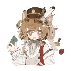 1girl :d animal_ears bow brown_hair feathers frills grey_eyes hair_ornament hat hat_feather long_sleeves memuro multicolored_hair open_mouth original shirt short_hair smile twitter_username upper_body white_background white_shirt