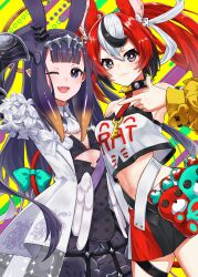 2girls animal_ears arm_up black_collar black_dress black_hair black_skirt blue_eyes collar dice_hair_ornament dress fang gloves hair_ornament hakos_baelz hakos_baelz_(1st_costume) highres hololive hololive_english long_hair looking_at_viewer mouse_ears mouse_girl multicolored_hair multicolored_skirt multiple_girls ninomae_ina&#039;nis ninomae_ina&#039;nis_(ina_the_hero) official_alternate_costume official_alternate_hairstyle oji_(nyantyu081) one_eye_closed pointing pointing_at_another pointy_ears purple_gloves purple_hair red_hair red_skirt skirt smile spiked_collar spikes strapless strapless_dress streaked_hair tentacle_hair tube_dress tube_top twintails virtual_youtuber white_hair white_tube_top