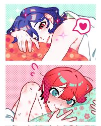 1boy 1girl @_@ aftersex amate_yuzuriha aqua_eyes bed bed_sheet blue_hair blush colored_inner_hair commentary corrupted_twitter_file couple gundam gundam_gquuuuuux heart hetero highres looking_at_viewer lying multicolored_hair nude nut87501 on_bed open_mouth pillow purple_hair red_eyes red_hair short_hair shuji_ito smile speech_bubble spoken_heart sweatdrop symbol-only_commentary two-tone_hair