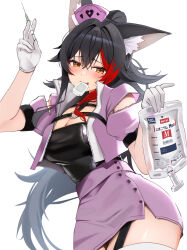 1girl absurdres alternate_costume animal_ear_fluff animal_ears bag black_hair black_shirt blush breast_strap breasts cleavage commentary_request cropped_jacket crossed_bangs double-parted_bangs flipped_hair garter_straps gloves hair_between_eyes hand_up hat high-waist_skirt highres holding holding_bag holding_syringe hololive intravenous_drip jacket large_breasts long_hair looking_at_viewer micon miniskirt mouth_hold multicolored_hair nurse nurse_cap ookami_mio pencil_skirt pink_hat pink_jacket pink_skirt puffy_short_sleeves puffy_sleeves red_hair shirt short_sleeves side_slit simple_background skirt solo spiked_hair streaked_hair syringe thighhighs tilted_headwear very_long_hair virtual_youtuber white_background white_gloves white_thighhighs wolf_ears wolf_girl yellow_eyes