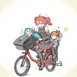 &gt;_&lt; 3girls :o a.i._voice adachi_rei age_difference ahoge amau_totori bicycle black_skirt black_sleeves black_thighhighs blue_hair blush boots breast_pocket bug butterfly buttons child collared_shirt detached_sleeves drill_hair flying_sweatdrops full_body hair_between_eyes hair_ribbon hatsune_miku helmet highres insect jacket kasane_teto kasane_teto_(utau) miniskirt multiple_girls number_tattoo open_clothes open_jacket open_mouth orange_hair pocket red_eyes red_hair red_tank_top ribbon riding riding_bicycle shirt shoulder_tattoo side_ponytail simple_background sitting skirt skirt_set sleeveless sleeveless_shirt spring_onion sweatdrop tank_top tattoo thigh_boots thighhighs twin_drills utau vocaloid white_background white_jacket white_ribbon wing_collar