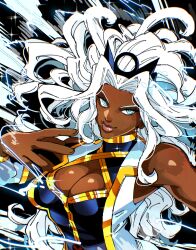 1girl absurdres animification blue_eyes bodysuit breasts cleavage dark-skinned_female dark_skin earrings electricity highres isaacchief300 jewelry large_breasts long_hair looking_at_viewer marvel marvel_tokon:_fighting_souls solo storm_(x-men) superhero_costume upper_body very_dark_skin white_hair x-men