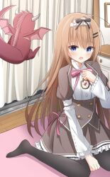 1girl :o absurdres baragon_(majokoi) black_bow black_pantyhose blue_eyes blush bow brown_corset brown_hair brown_skirt buttons clenched_hands commentary_request corset double-breasted dragon eyes_visible_through_hair foot_out_of_frame frilled_skirt frilled_sleeves frills hair_between_eyes hair_bow hair_ornament hairclip hand_up heart highres indoors juliet_sleeves long_hair long_sleeves looking_at_animal majo_koi_nikki nanno_alice no_shoes open_mouth pantyhose parallel_hairclips puffy_sleeves school_uniform shirt sitting skirt solo straight_hair takagi-18102817 very_long_hair wariza white_shirt