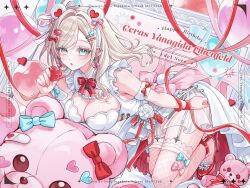 Rule 34 | 1girl, all fours, alternate costume, armpit crease, balloon, bare shoulders, bear ear hairband, blue eyes, bow, bow earrings, bowtie, breasts, ceras yanagida lilienfeld, character name, cleavage, cleavage cutout, clothing cutout, commentary request, dated, dress, ear piercing, earrings, frills, full body, grey background, grey hair, group name, hair bow, hair intakes, hairband, happy birthday, heart, heart earrings, highres, holding, holding heart, jewelry, large breasts, link! like! love live!, long hair, looking at viewer, love live!, nin (niyuu mo9), notice lines, parted lips, piercing, red bow, red bowtie, red ribbon, red shoes, ribbon, shoes, sleeveless, sleeveless dress, solo, stuffed animal, stuffed toy, teddy bear, twitter username, virtual youtuber, white dress, white hairband