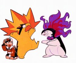 1boy black_eyes creatures_(company) ethan_(pokemon) fang fire game_freak gen_2_pokemon hand_up hat hisuian_typhlosion jacket long_sleeves male_focus nintendo open_mouth pokemon pokemon_(creature) pokemon_gsc purple_fire shirt shorts simple_background sweat tyako_089 typhlosion white_background white_shorts