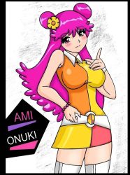 1girl ami_onuki artist_request belt blush boots bracelet breasts cartoon_network double_bun dress flower hair_bun hair_flower hair_ornament hi_hi_puffy_amiyumi index_finger_raised jewelry large_breasts long_hair looking_at_viewer orange_dress pink_eyes pink_hair sleeveless sleeveless_dress smile standing thigh_boots white_background white_belt white_footwear