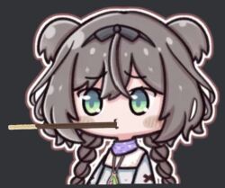 1girl :3 aldina_(vrchat) black_background black_bow black_hair black_hairband black_headband blush blush_stickers bow bow_hairband braid brown_hair chibi closed_mouth cropped_torso crossed_bangs double-parted_bangs dress eating food food_in_mouth furrowed_brow green_eyes grey_background grey_hair hair_between_eyes hair_bow hairband headband jacket jewelry long_hair long_sleeves looking_at_viewer low_twin_braids mouth_hold necklace official_alternate_costume original outline pendant pocky pocky_in_mouth pocky_kiss portrait pout puckered_lips purple_scarf ribbon scarf shared_food shirt simple_background solo sweater twin_braids twintails two_side_up upper_body vrc_haruka8015 white_dress white_outline white_shirt white_sweater