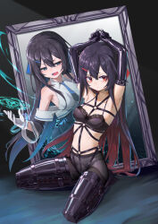2girls absurdres arms_up bdsm black_bra black_hair black_pantyhose blue_eyes blue_necktie bondage bondage_mittens bound bra breasts collarbone elbow_gloves femdom gloves harness highres kneeling legbinder long_hair looking_at_another looking_to_the_side magic multiple_girls navel necktie open_mouth original panties panties_under_pantyhose pantyhose red_eyes restrained shibarikini shirt sideboob sidelocks sleeveless sleeveless_turtleneck small_breasts stomach turtleneck turtleneck_shirt underwear very_long_hair white_gloves xiongmao