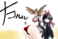 1girl arm_up artist_name ass bent_over black_hair breasts buruma fingerless_gloves gloves hair_ribbon highres large_breasts legs long_hair looking_at_viewer looking_back mamahaha nakoruru purple_eyes red_buruma ribbon samurai_spirits shirt snk sports_uniform sportswear the_king_of_fighters thighs traditional_media very_long_hair