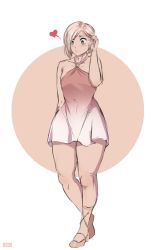 1boy blush crossdressing dress embarrassed eyelashes green_eyes heart highres jlullaby looking_down pink_hair shoes simple_background solo standing sweatdrop thick_thighs thighs trap wide_hips