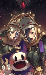 3girls :d absurdres amano_maya blue_eyes breasts brown_hair commentary demonica duckpasta_flo helm helmet highres in-franchise_crossover jack_frost_(megami_tensei) large_breasts lisa_silverman maya_(megami_tensei) multiple_girls open_mouth persona persona_2 red_eyes shin_megami_tensei shin_megami_tensei:_strange_journey smile teeth upper_teeth_only v