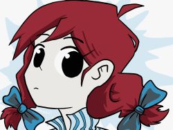 1girl ahoge animated animated_gif artist_name black_eyes blue_ribbon bow braid close-up collar female_focus hair_bow hair_ribbon highres jojo_no_kimyou_na_bouken looking_at_viewer mozzatav parody red_hair ribbon smirk solo twin_braids wendy&#039;s wendy_(wendy&#039;s)