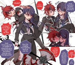 Rule 34 | 1boy, 1girl, armband, axe, black hair, black sailor collar, black shirt, black skirt, black socks, blush, carrying, carrying over shoulder, carrying person, cheek kiss, chestnut mouth, commentary, couple, double cheek kiss, embarrassed, emphasis lines, english commentary, english text, feet out of frame, gloves, hetero, highres, holding, holding axe, kiss, kissing cheek, konoha kairi, last defense academy school uniform, long skirt, multicolored hair, one eye closed, purple eyes, purple hair, red eyes, red hair, sailor collar, school uniform, semi-rimless eyewear, shaded face, shirt, shizuhara hiruko, simple background, skirt, socks, speech bubble, streaked hair, sumino takumi, the hundred line -last defense academy-, twitter username, white armband, white background, white gloves