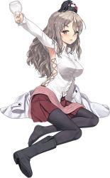 1girl alcohol blouse boots breasts cup drinking_glass eyebrows female_focus full_body gloves hair_between_eyes hat jiji_(aardvark) kantai_collection knee_boots large_breasts long_coat long_hair long_sleeves mini_hat miniskirt official_art on_floor one_shoe pantyhose pola_(kancolle) pola_(mitsukoshi)_(kancolle) shirt single_boot skirt smile solo sparkle thick_eyebrows transparent_background wavy_hair wine_glass
