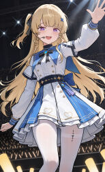 1girl absurdres adapted_costume black_bow blonde_hair blue_collar bow breasts collar commentary cowboy_shot english_commentary hair_bow hair_ornament highres idol indoors long_hair long_sleeves medium_breasts open_mouth pantyhose phoebe_(wuthering_waves) purple_eyes ryeon_(bluetom1) shirt skirt smile solo stage striped_bow tacet_mark_(wuthering_waves) teeth thighband_pantyhose upper_teeth_only very_long_hair waving white_pantyhose white_shirt white_skirt wuthering_waves x_hair_ornament