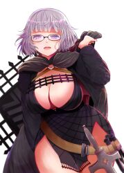 1girl arano_oki black_dress breasts center_opening cleavage cloak commentary dress fate/grand_order fate_(series) glasses grey_hair jacques_de_molay_(foreigner)_(fate) jacques_de_molay_(foreigner)_(second_ascension)_(fate) kisaragi_1go large_breasts looking_at_viewer open_mouth short_hair simple_background solo white_background