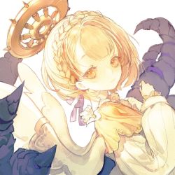 1girl angel blonde_hair blunt_bangs braid briar_rose_(sinoalice) closed_mouth expressionless hair_ribbon halo long_sleeves looking_at_viewer puffy_long_sleeves puffy_sleeves ribbon senryoko short_hair simple_background sinoalice solo thorns white_background wings yellow_eyes