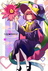 1girl arm_support black_shoes bow cape closed_mouth commentary_request dress feet_out_of_frame flat_chest flower happy hat hat_bow highres katayama_kei kirisame_marisa kirisame_marisa_(pc-98) long_sleeves mary_janes neckerchief pantyhose pink_cape pink_flower purple_cape purple_dress purple_hat red_eyes red_hair shoes short_hair sitting smile solo story_of_eastern_wonderland touhou touhou_(pc-98) white_pantyhose wide_sleeves witch witch_hat yellow_bow yellow_neckerchief