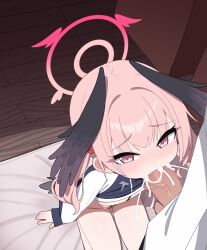 1boy 1girl absurdres black_wings blue_archive blue_jacket blush bottomless breasts censored cromachina cum cum_in_mouth ejaculation erection feathered_wings fellatio halo head_wings hetero highres jacket koharu_(blue_archive) loli long_hair long_sleeves low_twintails low_wings navel nipples open_mouth oral penis pink_eyes pink_hair small_breasts track_jacket twintails white_sleeves wings