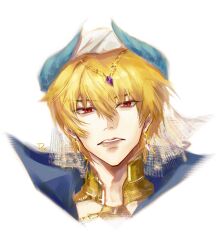 1boy arabian_clothes blonde_hair cropped_shoulders earrings fate/grand_order fate_(series) gilgamesh gilgamesh_(caster)_(fate) gilgamesh_(fate) head_chain highres jewelry looking_at_viewer male_focus open_mouth pppeipeipipi red_eyes short_hair simple_background solo turban white_background