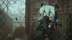 1girl absurdres assault_rifle brick_wall chain-link_fence coat digitan_(porforever) electric_plug electric_plug_tail fence fingerless_gloves gloves green_coat green_eyes gun headset highres holding holding_gun holding_weapon looking_back mask medium_hair mouth_mask nervous_sweating original oxygen_tank porforever poster_(object) rifle shipping_container shorts stalker_(game) stalker_2:_heart_of_chornobyl sweat tail weapon white_hair