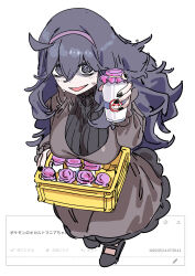 1girl @_@ absurdres ahoge alternate_breast_size bags_under_eyes black_hair blush bottle breasts dress hair_between_eyes hairband haruyuki_(gffewuoutgblubh) hex_maniac_(pokemon) highres holding large_breasts long_dress long_hair long_sleeves looking_at_viewer messy_hair milk_bottle moomoo_milk nintendo open_mouth plump pokemon pokemon_xy purple_dress purple_eyes purple_hair purple_hairband purple_nails solo
