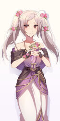 1girl absurdres armpit_crease bare_arms bare_shoulders bouquet breasts brown_eyes capelet cleavage dress eyelashes female_focus female_robin_(fire_emblem) female_robin_(valentine)_(fire_emblem) fingerless_gloves fingernails fire_emblem fire_emblem_awakening fire_emblem_heroes flower gloves gradient_background hair_flower hair_ornament halterneck hands_up happy highres holding holding_bouquet light_blush lilshironeko long_dress long_hair looking_to_the_side medium_breasts mermaid_dress neck nintendo official_alternate_costume parted_lips rope_belt sidelocks sideways_glance signature sleeveless sleeveless_dress smile spaghetti_strap standing swept_bangs tight_clothes tight_dress twintails white_hair