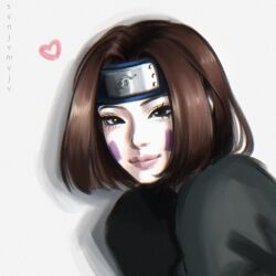 1girl black_shirt brown_eyes brown_hair grey_background headband heart highres hrlshnv konohagakure_symbol looking_at_viewer naruto_(series) naruto_shippuuden nohara_rin pink_lips portrait shirt smile solo