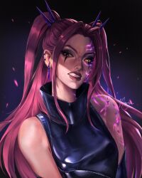 1girl absurdres black_eyeshadow body_markings clenched_teeth commentary earrings eyeshadow high_collar highres jewelry kpop_demon_hunters makeup mira_(kpop_demon_hunters) nisumi_art pink_lips shirt sidelocks signature sleeveless sleeveless_shirt solo teeth turtleneck twintails upper_body yellow_eyes