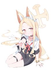 1girl absurdres animal_ear_fluff animal_ears black_choker black_shoes black_skirt blonde_hair blue_archive blush choker collared_shirt cosplay extra_ears fox_ears full_body gyaru gyaru_v halo highres jewelry kirara_(blue_archive) kirara_(blue_archive)_(cosplay) long_hair looking_at_viewer necklace parted_lips seia_(blue_archive) shirt shoes short_sleeves simple_background skirt socks solo suta0822 thigh_strap v white_background white_shirt white_socks yellow_eyes yellow_halo