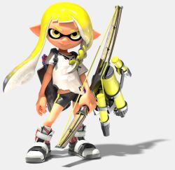 Rule 34 | 1girl, 3d, bare arms, bike shorts, blonde hair, boots, braid, closed mouth, expressionless, eye mask, eyebrow cut, full body, gradient hair, grey boots, holding, holding weapon, ink tank (splatoon), inkling, inkling girl, inkling player character, long hair, long pointy ears, looking at viewer, multicolored hair, nintendo, official art, pointy ears, shirt, short eyebrows, short hair with long locks, side braid, sidelocks, solo, splatoon (series), splatoon 3, spotted hair, standing, t-shirt, tentacle hair, thick eyebrows, torn clothes, transparent background, tri-stringer (splatoon), two-tone hair, v-shaped eyebrows, veronika (splatoon), weapon, white shirt, yellow eyes