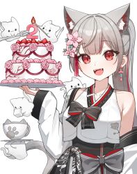 1girl animal_ears bare_shoulders black_bow bow cake cat_ears cat_tail crop_top crop_top_overhang earrings ekta extra_ears fangs flower food grey_hair hair_flower hair_ornament highres jewelry long_hair looking_at_viewer multicolored_hair neneko_mashiro obi off_shoulder open_mouth ponytail red_eyes sash shirt sleeveless sleeveless_shirt smile solo stellive streaked_hair tail upper_body virtual_youtuber white_shirt