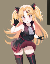 1girl :o absurdres akatsuki_uni armpit_crease bare_arms bare_shoulders black_dress black_gloves black_jacket black_panties black_thighhighs blonde_hair blush bow breasts brown_background collarbone commentary_request cowboy_shot curtained_hair dot_nose dress glove_bow gloves gluteal_fold hair_ornament hairclip hand_up high_collar highres jacket layered_dress long_hair open_mouth oversized_zipper panties partially_fingerless_gloves pleated_dress purple_bow purple_dress red_eyes short_dress skindentation skirt skirt_flip sleeveless sleeveless_jacket small_breasts solo thighhighs thumbs_up two_side_up underwear uni_create v-shaped_eyebrows variant_set very_long_hair virtual_youtuber yasudraw zettai_ryouiki zipper zipper_pull_tab