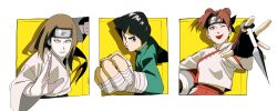 1girl 2boys ;p absurdres bandaged_arm bandages black_eyes black_gloves black_hair bodysuit bowl_cut brown_eyes brown_hair clenched_hand closed_mouth double_bun fingerless_gloves forehead_protector gloves green_bodysuit hair_bun highres holding holding_kunai holding_scroll holding_weapon hyuuga_neji konohagakure_symbol kunai long_hair long_sleeves looking_at_viewer looking_to_the_side low-tied_long_hair midriff_peek multiple_boys naruto_(series) naruto_shippuuden one_eye_closed open_mouth pnpk_1013 rock_lee scroll shirt short_hair tenten_(naruto) thick_eyebrows tongue tongue_out v-shaped_eyebrows weapon white_eyes white_shirt wide_sleeves