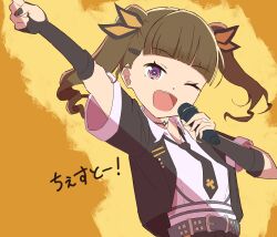 Rule 34 | 1girl, absurdres, black jacket, black necktie, brown hair, chesto (phrase), choker, collared shirt, commentary, hair ornament, hairclip, highres, holding, holding microphone, i do me! (love live!), jacket, kachimachi kosuzu, link! like! love live!, looking at viewer, love live!, medium hair, microphone, misoshiru. (hss llnl), necktie, o-ring, o-ring choker, official alternate costume, official alternate hairstyle, open clothes, open jacket, pink eyes, raised fist, shirt, short-sleeved jacket, short sleeves, simple background, solo, teeth, twintails, upper body, upper teeth only, virtual youtuber, white shirt, yellow background