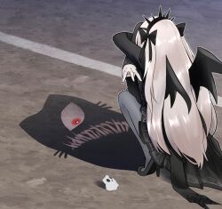 a_bao_a_qu_the_lightless_shadow black_bow black_dress bow cyclops demon_wings dress duel_monster faceless ghost grey_hair high_heels highres long_sleeves meme one-eyed pantyhose road sawan_cutman shadow spiked_headband street teeth wings yu-gi-oh!