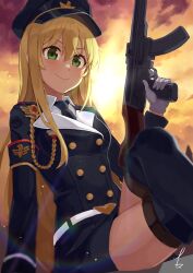 absurdres armband assault_rifle black_hat blonde_hair commission commissioner_upload crossed_legs girls&#039;_frontline gloves green_eyes gun hat highres inomata_konomu military_hat military_uniform necktie rifle skeb_commission smile smug stg44 stg44_(girls&#039;_frontline) weapon white_gloves