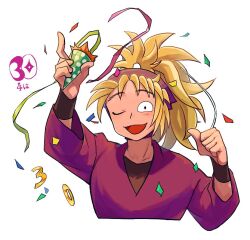 Rule 34 | 1boy, ;3, ;d, arm up, black undershirt, blonde hair, chasenmage, confetti, cropped torso, detached hood, facing viewer, gen 1 pokemon, hair through hood, high ponytail, holding, holding party popper, japanese clothes, kimono, long hair, looking at viewer, male focus, one eye closed, open mouth, party popper, pointing, pointing at self, pointing with thumb, pokemon, ponyta, ponytail, portrait, purple hood, purple shirt, raised eyebrows, rakudai ninja rantarou, ruiori saikou, saitou takamaru, sanpaku, shade, shirt, smile, solo, spiked hair, thick eyebrows, three-quarter sleeves, wide ponytail, wrist guards, yukata
