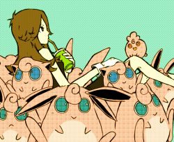 1girl brown_hair drink drinking_straw evolutionary_line fujiyama_(yellow) gen_1_pokemon gen_2_pokemon green_(pokemon) igglybuff jigglypuff long_hair nintendo pokemon pokemon_(creature) pokemon_adventures simple_background wigglytuff