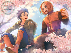2boys :d artist_name bead_necklace beads black_shirt blue_eyes blue_hair blue_pants blue_sky blurry blurry_background brown_gloves brown_hair brown_jacket brown_shoes camus_(dq11) cherry_blossoms collarbone commentary_request couple cup dragon_quest dragon_quest_xi earrings fingerless_gloves gloves gold_earrings green_tunic grey_pants hand_tattoo hero_(dq11) holding holding_cup hoop_earrings jacket jewelry koshi_(meermisa) looking_at_another looking_to_the_side male_focus multicolored_jacket multiple_boys necklace open_mouth orange_socks outdoors pants parted_hair pink_petals pixiv_id purple_jacket shirt shoes short_hair sitting sky sleeveless sleeveless_jacket smile socks spiked_hair spring_(season) tattoo tunic twitter_username two-tone_jacket yaoi