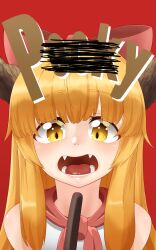 1girl blunt_bangs blush bow bowtie brown_horns commentary_request fangs food hair_bow highres horns ibuki_suika kurohiba long_hair looking_at_viewer open_mouth orange_hair pocky pocky_day red_bow red_bowtie sidelocks simple_background solo teeth tongue touhou upper_body variant_set yellow_eyes