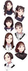 6+girls absurdres amamiya_sora ameya_shioichi animification commentary earrings glasses grin hair_ribbon highres itou_miku jewelry kusunoki_tomori long_hair looking_at_viewer medium_hair mole mole_on_neck multiple_girls necklace portrait real_life ribbon sakura_ayane short_hair sidelocks smile spy_kyoushitsu touyama_nao uesaka_sumire voice_actor voice_actor_connection white_background yuuki_aoi