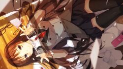 1girl artist_request black_hair breasts brown_eyes highres kajou_ayame long_hair lying medium_breasts no_panties non-web_source on_back panties phone school_uniform shimoneta_to_iu_gainen_ga_sonzai_shinai_taikutsu_na_sekai skirt smile source_request underwear upside-down very_long_hair