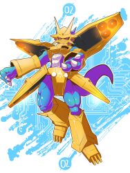 Rule 34 | abs, absurdres, armor, blue background, blue skin, blue tail, colored skin, digimon, digimon (creature), dragon, full body, gold armor, gold helmet, highres, magnamon, missing commentary, muscular, red eyes, youwantstars